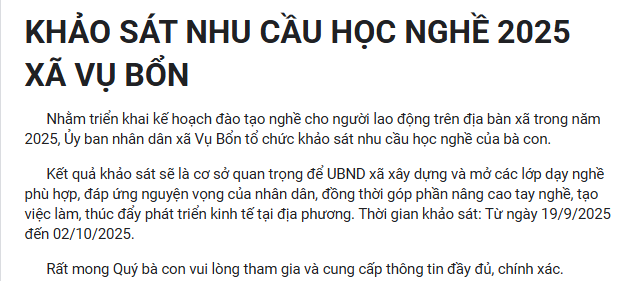 KHẢO SÁT NHU CẦU HỌC NGHỀ 2025 XÃ VỤ BỔN